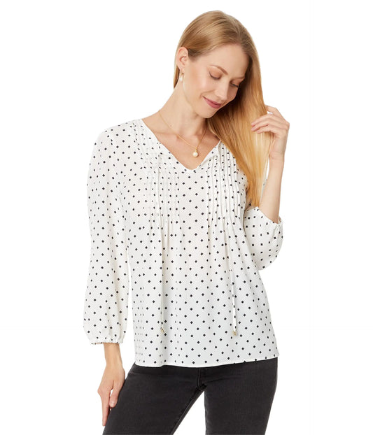 Tommy Hilfiger Womens Dot Pintuck Blouse Ivory/Sky Captain Medium
