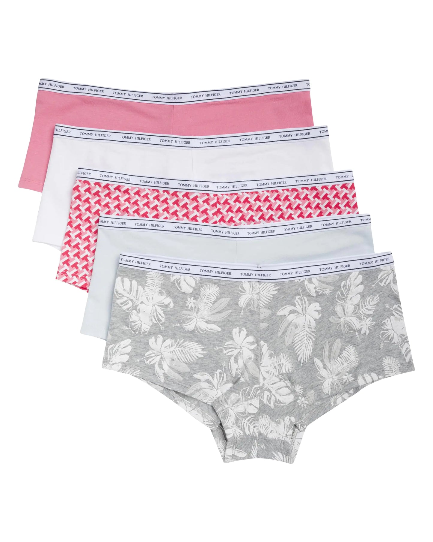 Tommy Hilfiger Womens Classic Cotton Logoband Boyshort 5 Pack Geo/Blue/Pink/White/Palm Medium