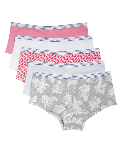 Tommy Hilfiger Womens Classic Cotton Logoband Boyshort 5 Pack Geo/Blue/Pink/White/Palm Medium