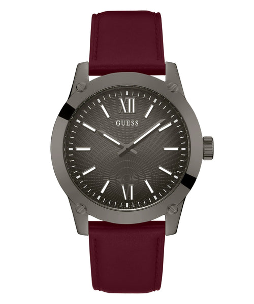 GUESS Mens 44mm Watch - Red Strap Gunmetal Dial Gunmetal Case