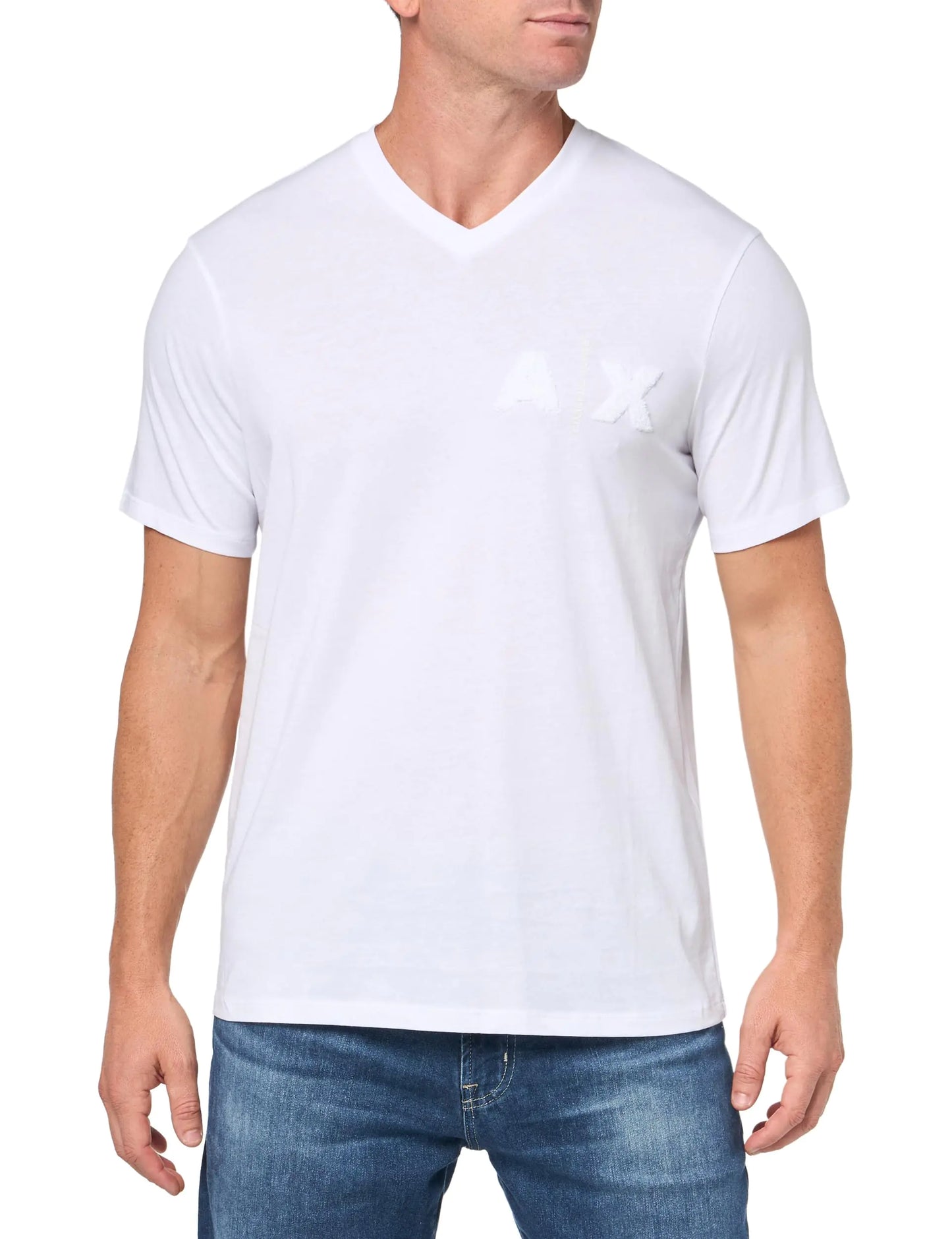 A | X ARMANI EXCHANGE Mens Regular Fit Cotton V Neck Sponge Logo Tee White