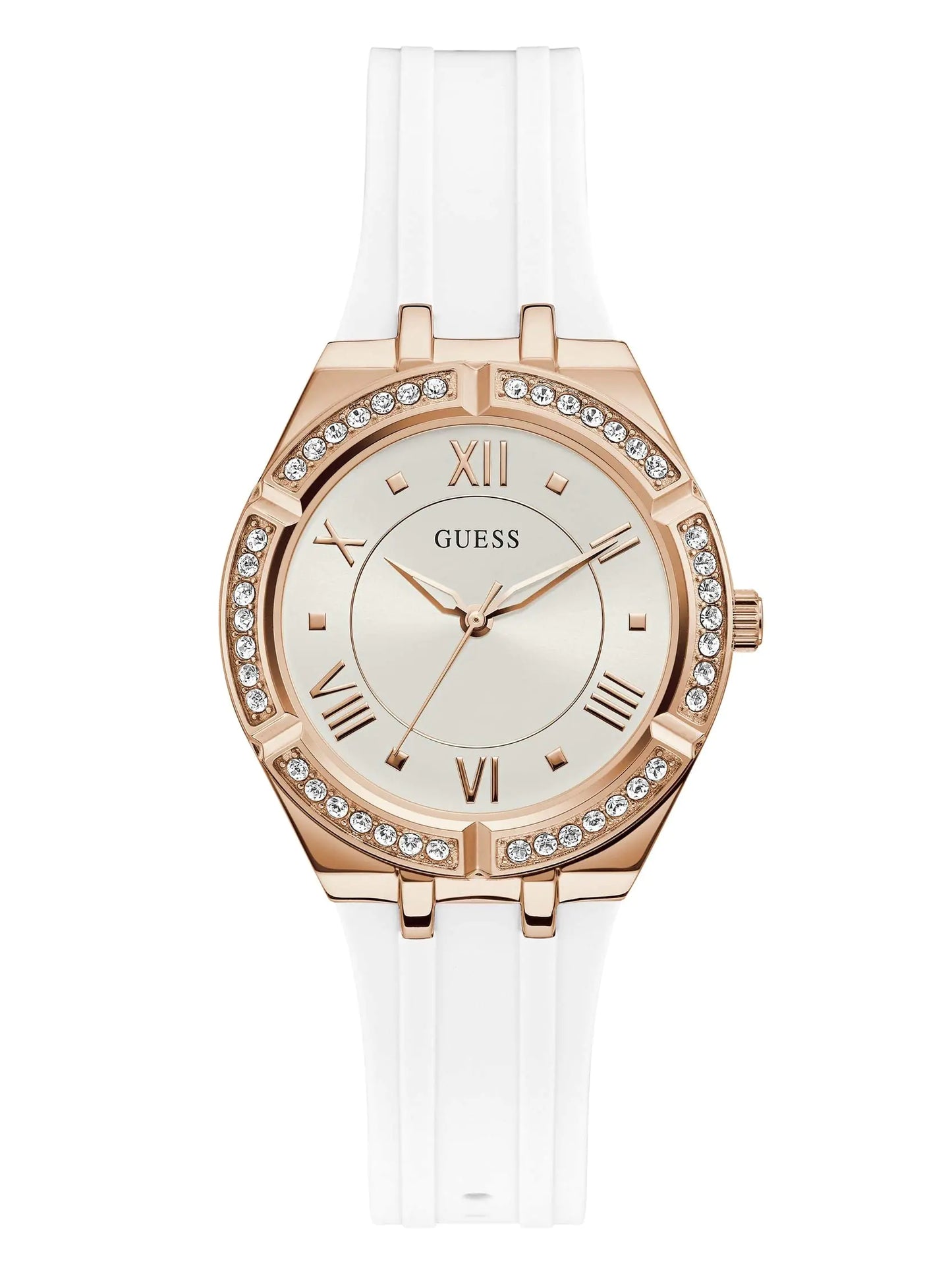GUESS Rose Gold-Tone + Crystal White Silicone Watch Rose Gold-Tone/White