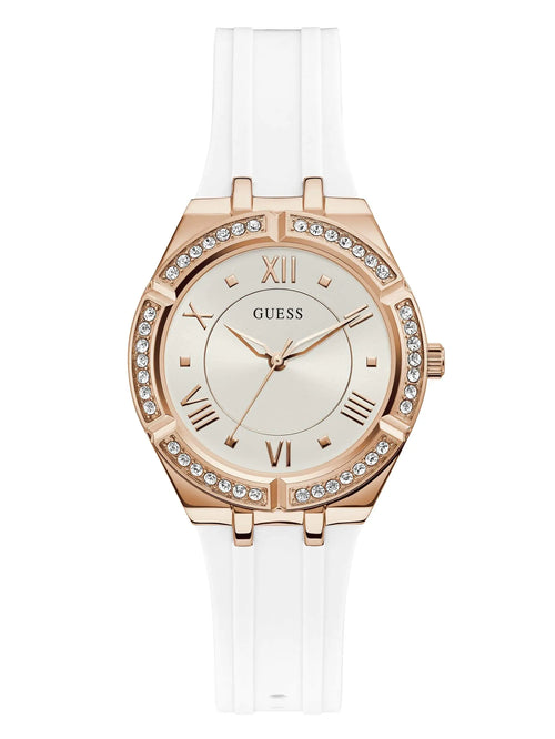 GUESS Rose Gold-Tone + Crystal White Silicone Watch Rose Gold-Tone/White