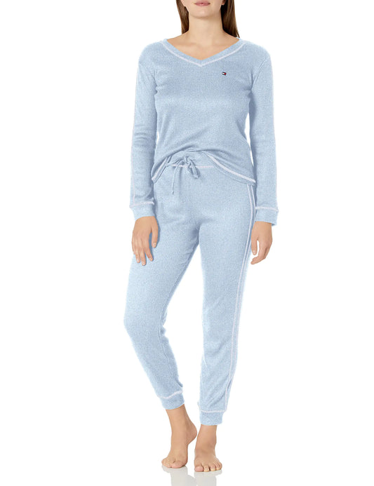 Tommy Hilfiger Womens Waffle-Knit Long Sleeve Jogger Pajama Set Chambray Heather Medium