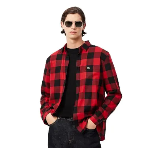 Lacoste Mens Cotton Twill Plaid Overshirt Black/RED 42