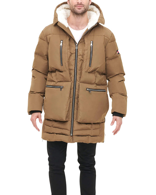 Tommy Hilfiger Mens Heavyweight Quilted Sherpa Hooded Parka Khaki XXL