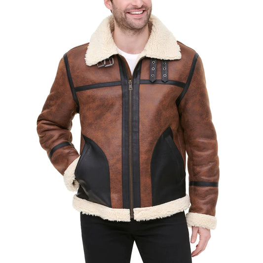 Tommy Hilfiger Mens Faux Shearling Aviator Jacket Brown XX-Large