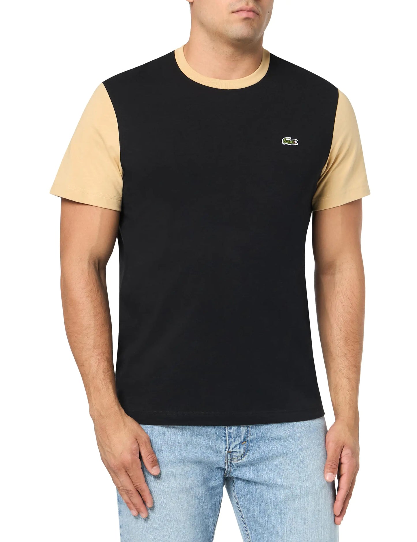 Lacoste Mens Regular Fit Short Sleeve Color Blocked Crew Neck Teeshirt Black/Croissant XXL