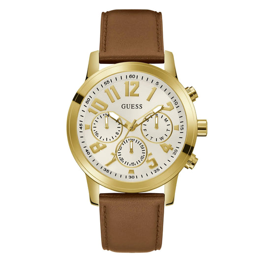 GUESS Mens 44mm Watch - Brown Strap White Dial Gold-Tone Case