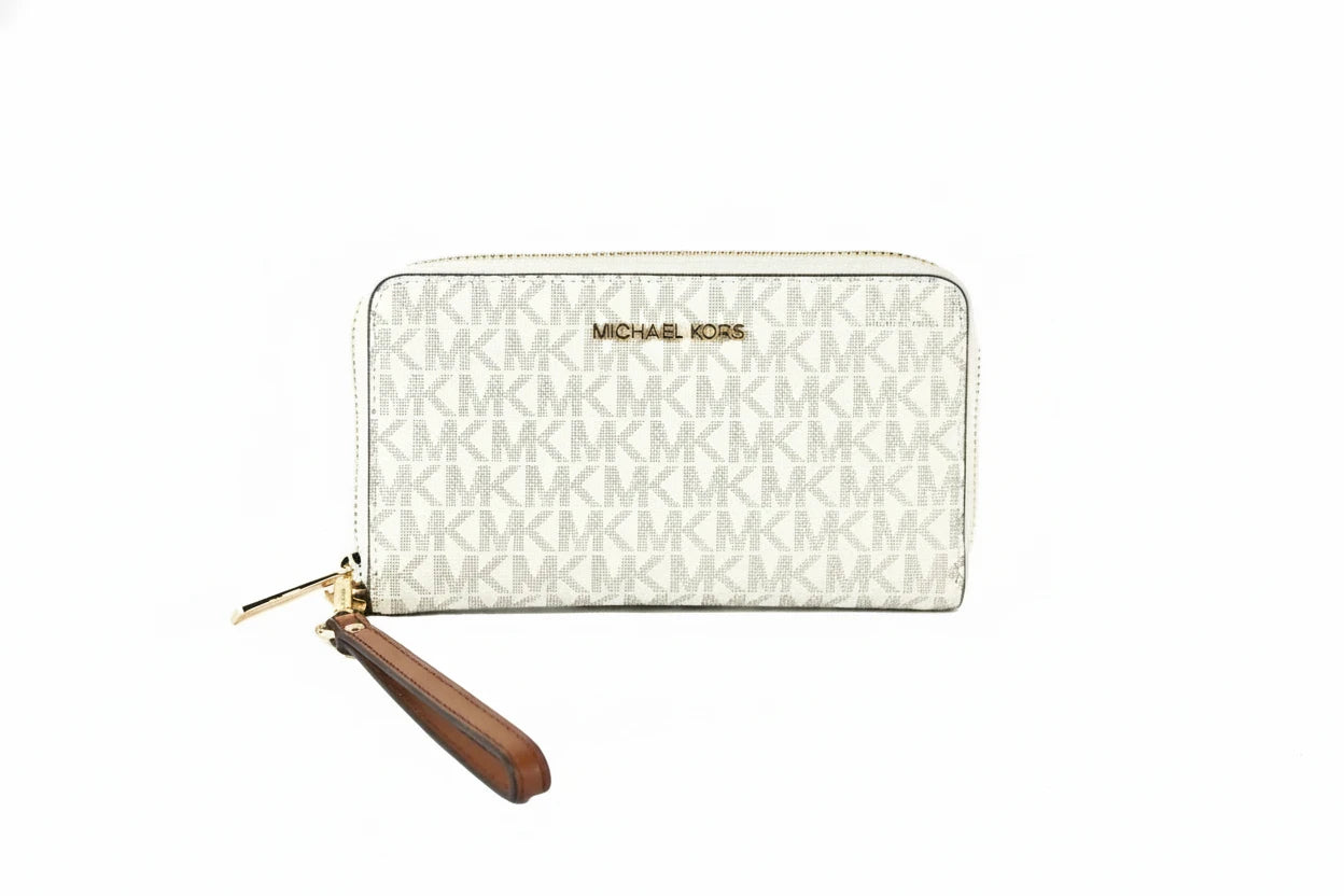 Michael Kors Jet Set Large Leather Vanilla Multifunction Phone Wristlet Wallet