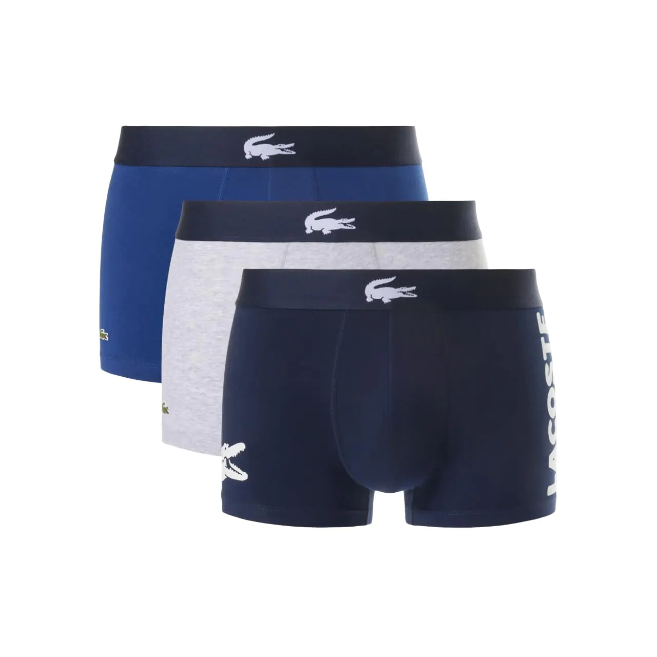 Lacoste Mens Cotton Stretch Big Croc Print Trunks 3-pack Navy Blue/White/Dove Grey Small