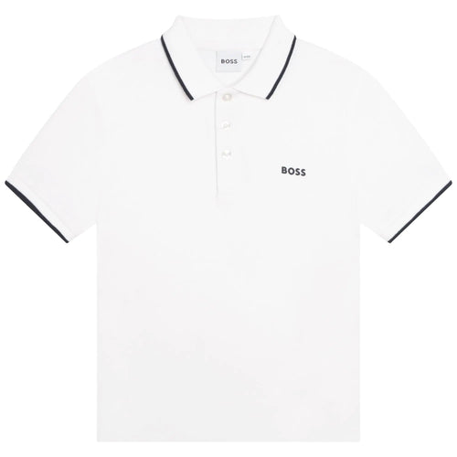 BOSS Boys Short Sleeve Knit Polo Shirt with Striped Collar White