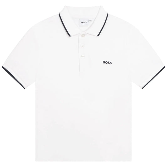BOSS Boys Short Sleeve Knit Polo Shirt with Striped Collar White